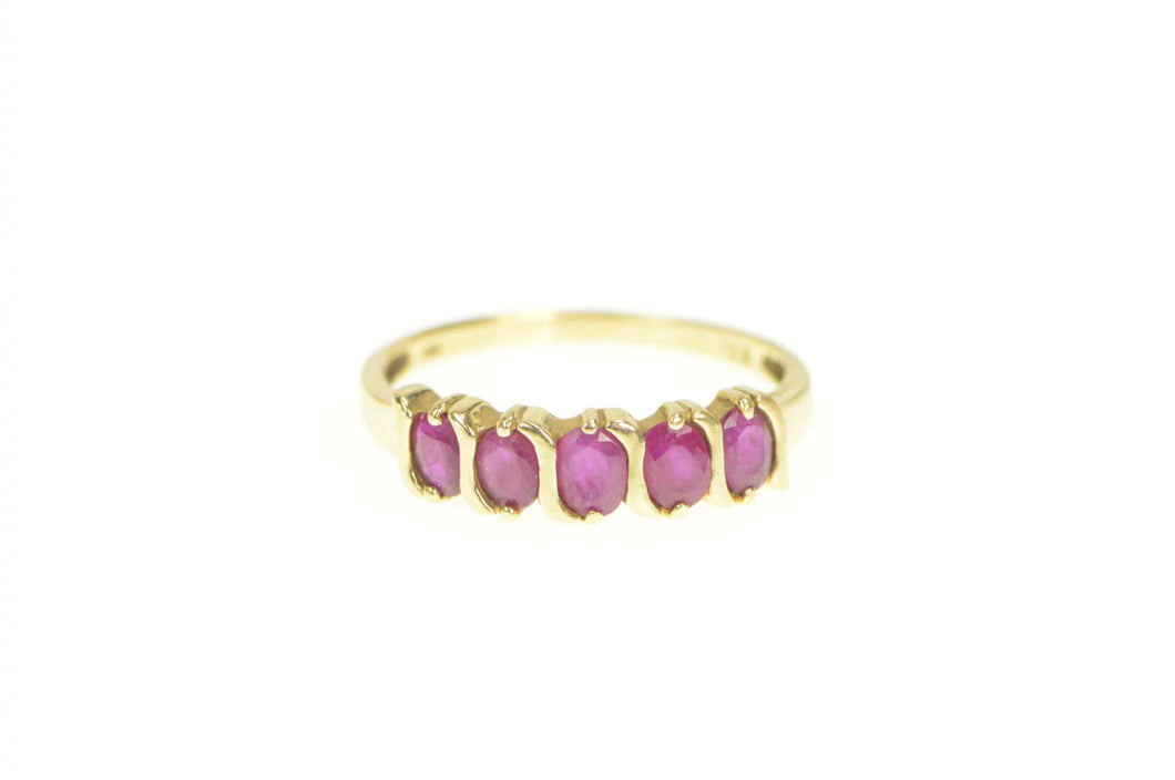 14K Five Stone Oval Natural Ruby Band Ring Yellow Gold