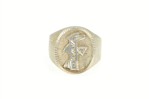 Sterling Silver Oval Ornate F Monogram CZ Initial Signet Ring