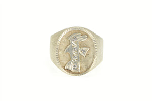 Sterling Silver Oval Ornate F Monogram CZ Initial Signet Ring