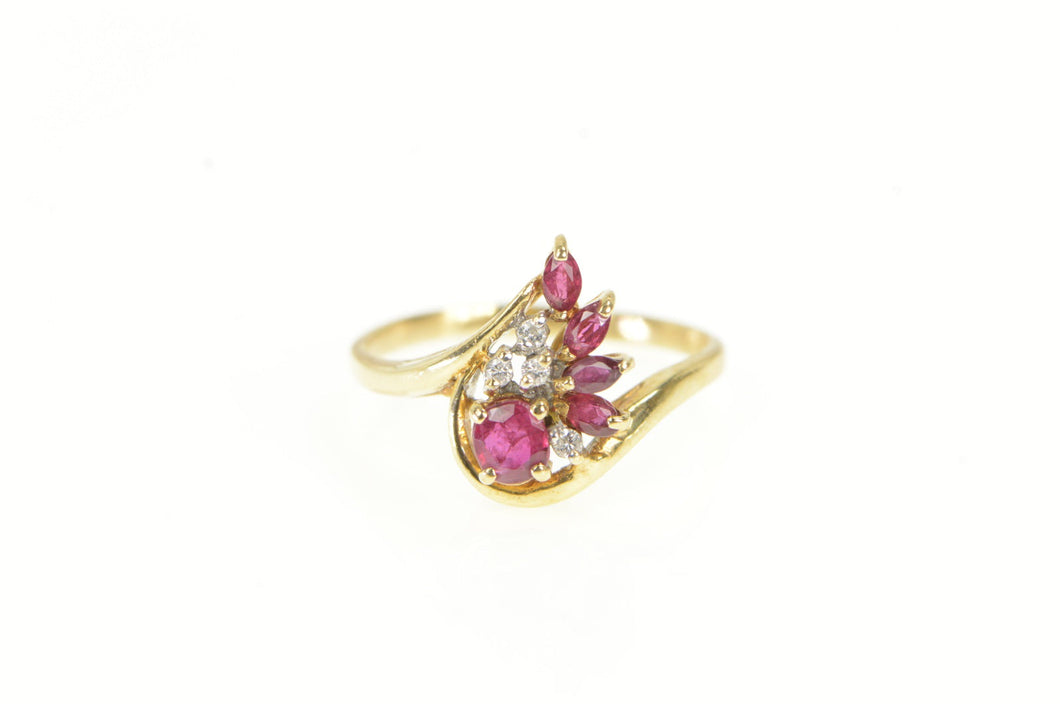 14K Natural Ruby Diamond Fanned Cluster Bypass Ring Yellow Gold