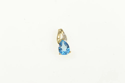 10K Pear Blue Topaz Diamond Accent Vintage Pendant Yellow Gold