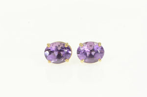14K Oval Amethyst Solitaire Vintage Classic Stud Earrings Yellow Gold