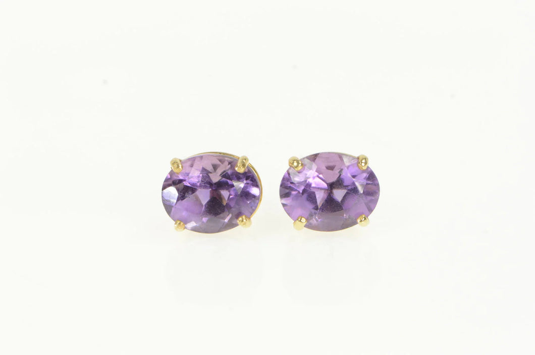 14K Oval Amethyst Solitaire Vintage Classic Stud Earrings Yellow Gold