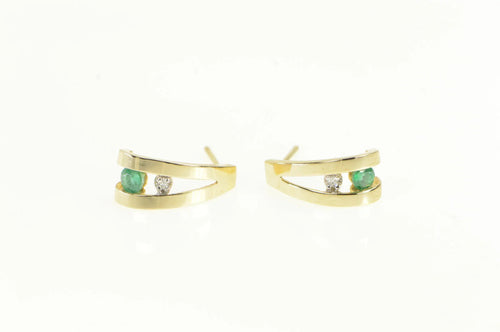 14K Retro Diamond Emerald Split Curved Hoop Earrings Yellow Gold