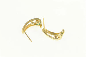 14K Retro Diamond Emerald Split Curved Hoop Earrings Yellow Gold