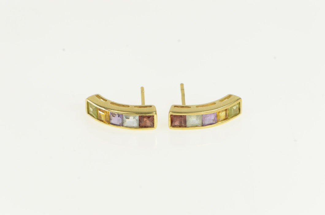 14K Amethyst Blue Topaz Peridot Curved Bar Earrings Yellow Gold