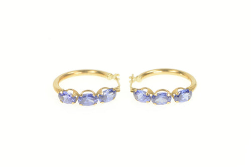 10K Tanzanite Oval Vintage Statement Hoop Earrings Yellow Gold