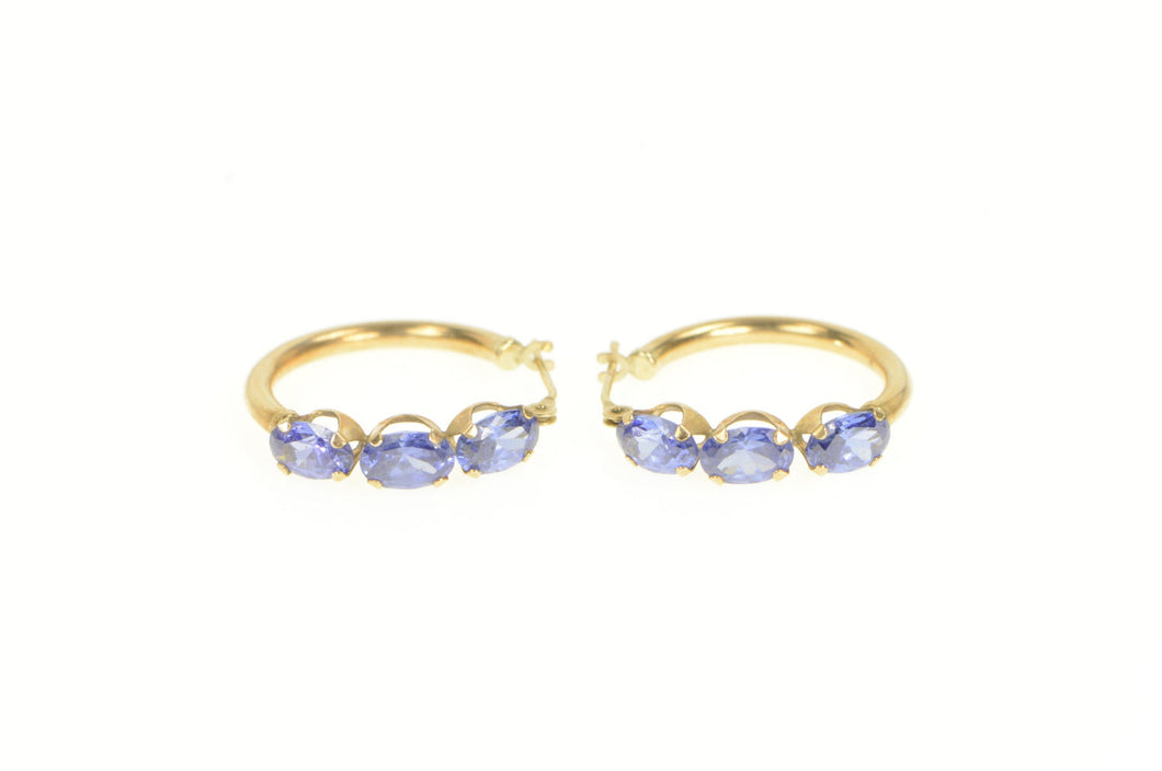 10K Tanzanite Oval Vintage Statement Hoop Earrings Yellow Gold