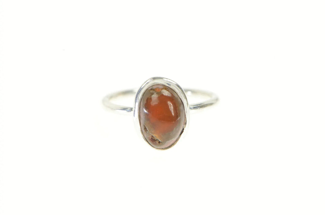 Sterling Silver Mexican Fire Opal Cabochon Bezel Vintage Ring