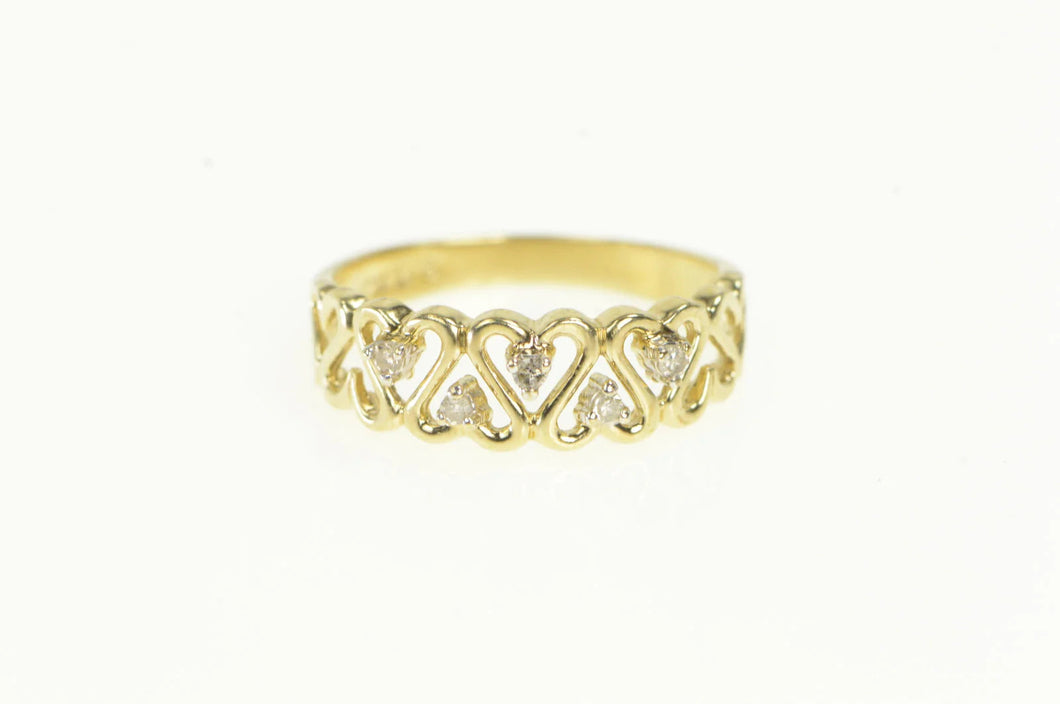 14K Diamond Heart Wavy Pattern Band Love Ring Yellow Gold