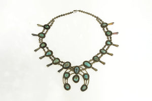 Sterling Silver Native American Turquiose Squash Blossom Necklace 25"