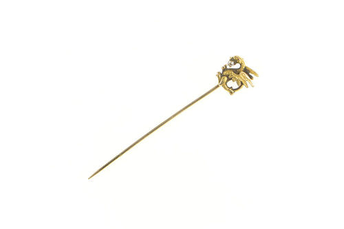 14K Victorian Dragon Diamond Ornate Wyrm Stick Pin Yellow Gold