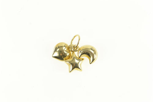 14K Puffy Heart Star Moon Celestial Motif Cluster Charm/Pendant Yellow Gold