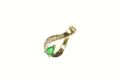 14K Pear Emerald Diamond Ornate Freeform Pendant Yellow Gold