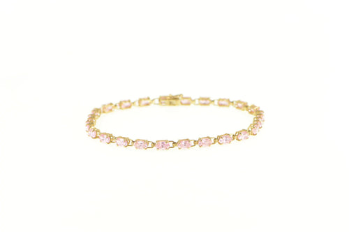 10K Oval Pink Cubic Zirconia Vintage Retro Chain Bracelet 6.5