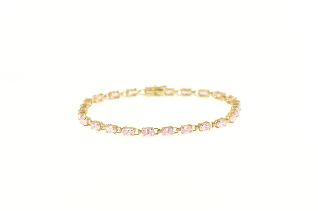 10K Oval Pink Cubic Zirconia Vintage Retro Chain Bracelet 6.5