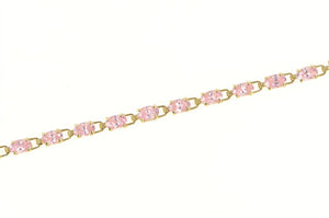 10K Oval Pink Cubic Zirconia Vintage Retro Chain Bracelet 6.5" Yellow Gold