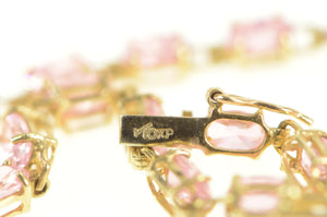 10K Oval Pink Cubic Zirconia Vintage Retro Chain Bracelet 6.5" Yellow Gold