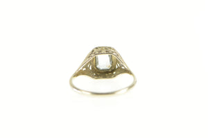 14K Art Deco Aquamarine Filigree Ornate Engagement Ring White Gold