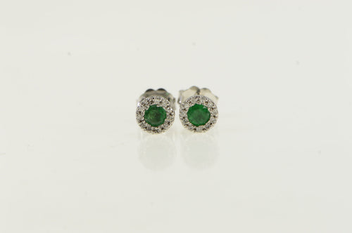 14K 1950's 0.53 Ctw Emerald Diamond Halo Stud Earrings White Gold
