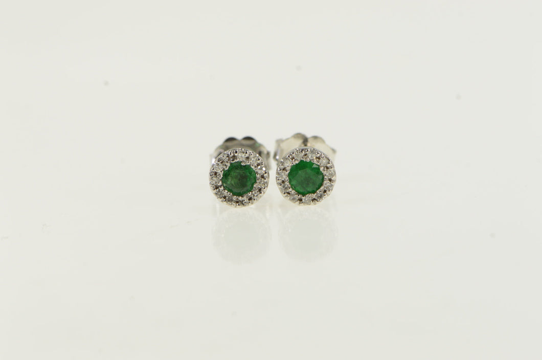 14K 1950's 0.53 Ctw Emerald Diamond Halo Stud Earrings White Gold