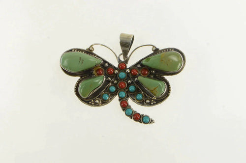 Sterling Silver Southwestern Turquoise Coral Butterfly Vintage Pendant