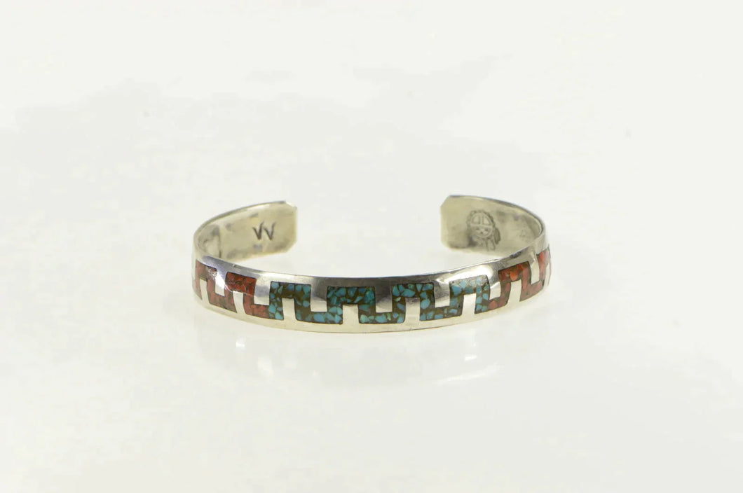 Sterling Silver Gilbert Ortega Southwestern Coral Turquoise Bracelet 6.5