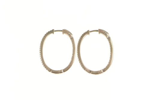 Sterling Silver Oval Classic Inside Outside Fashion Hoop CZ Earrings