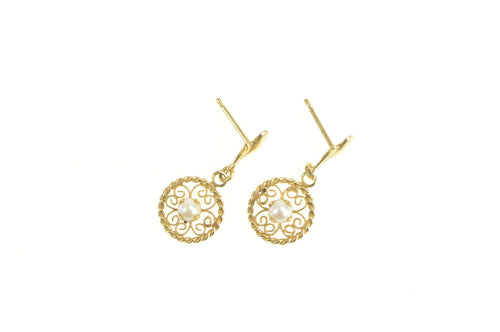 14K Pearl Round Filigree Dangle Vintage Retro Earrings Yellow Gold