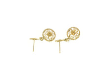 Load image into Gallery viewer, 14K Pearl Round Filigree Dangle Vintage Retro Earrings Yellow Gold