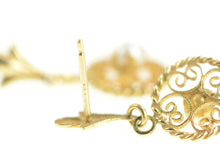 Load image into Gallery viewer, 14K Pearl Round Filigree Dangle Vintage Retro Earrings Yellow Gold