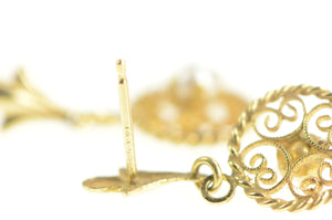 14K Pearl Round Filigree Dangle Vintage Retro Earrings Yellow Gold