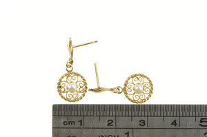 14K Pearl Round Filigree Dangle Vintage Retro Earrings Yellow Gold