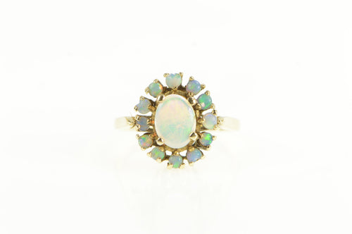 14K 1940's Opal Halo Ornate Vintage Statement Ring Yellow Gold