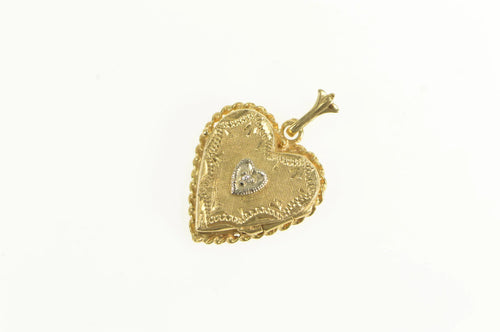 14K 1940's Diamond Heart Ornate Photo Locket Pendant Yellow Gold