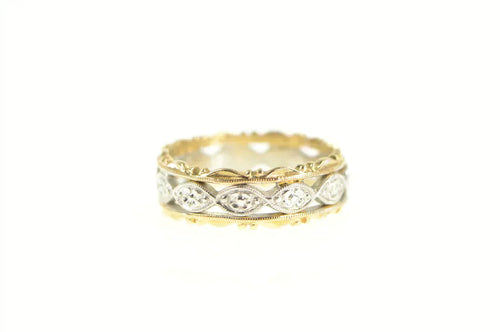 14K 1940's 6.4mm Two Tone Elaborate Wedding Band Ring Yellow Gold
