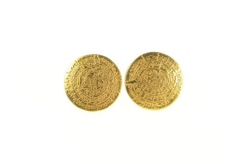 14K Round Mayan Calendar Ornate Domed Stud Earrings Yellow Gold