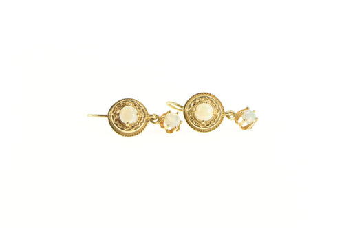 14K Victorian Style Ornate Natural Opal Dangle Hook Earrings Yellow Gold