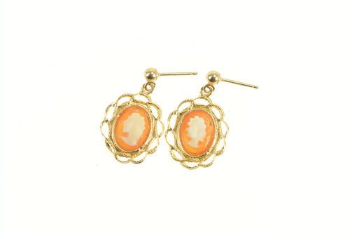14K Retro Oval Carved Cameo Filigree Dangle Earrings Yellow Gold
