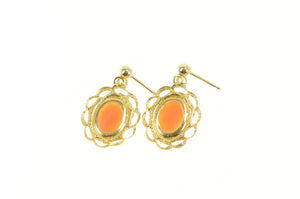 14K Retro Oval Carved Cameo Filigree Dangle Earrings Yellow Gold