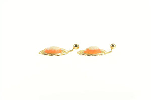 14K Retro Oval Carved Cameo Filigree Dangle Earrings Yellow Gold