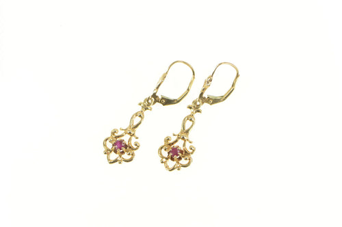 10K Natural Ruby Ornate Scroll Filigree Dangle Earrings Yellow Gold