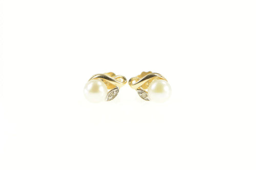 10K Pearl Diamond Accent Classic Vintage Stud Earrings Yellow Gold