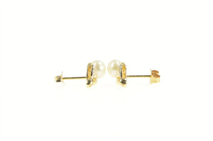 10K Pearl Diamond Accent Classic Vintage Stud Earrings Yellow Gold