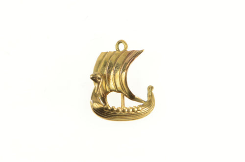 10K 3D Viking Sail Ship Boat Ornate Vintage Charm/Pendant Yellow Gold