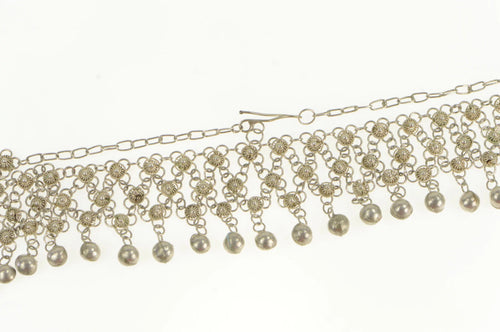 Sterling Silver Ornate Mesh Fringe Ball Link Bib Chain Necklace 15.25