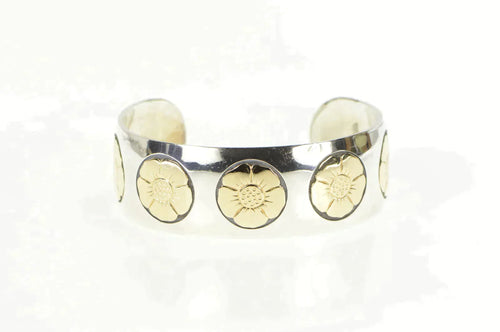 Sterling Silver 14K Gold Flower Pattern Wide Cuff James Avery Bracelet 6.75