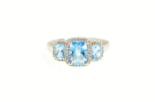 10K Blue Topaz Three Stone Diamond Halo Ring White Gold