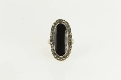 Sterling Silver Oval Black Onyx Marcasite Vintage Cocktail Ring