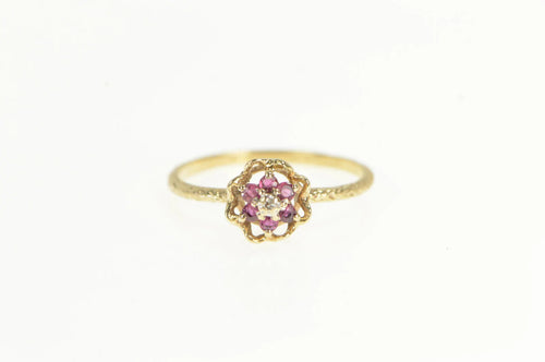 10K Diamond Ruby Flower Cluster Retro Statement Ring Yellow Gold